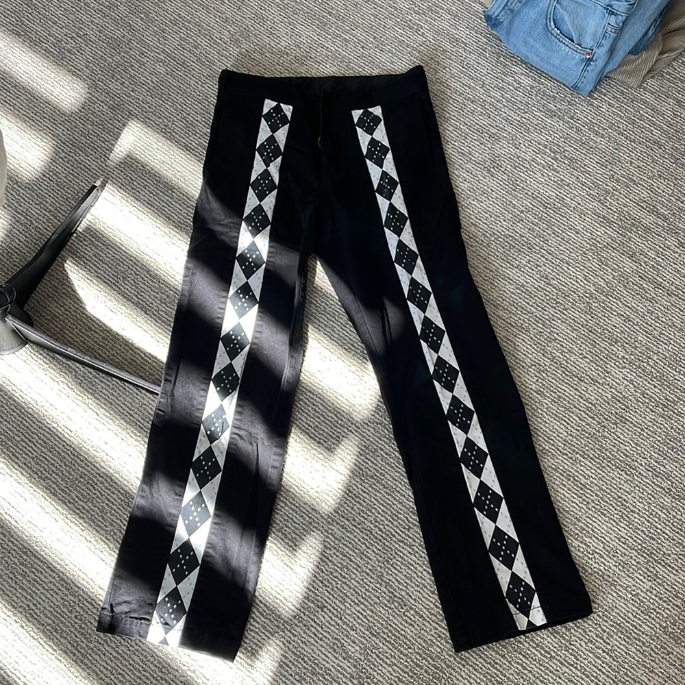 Women’s black cotton pants with argyle ribbon detail